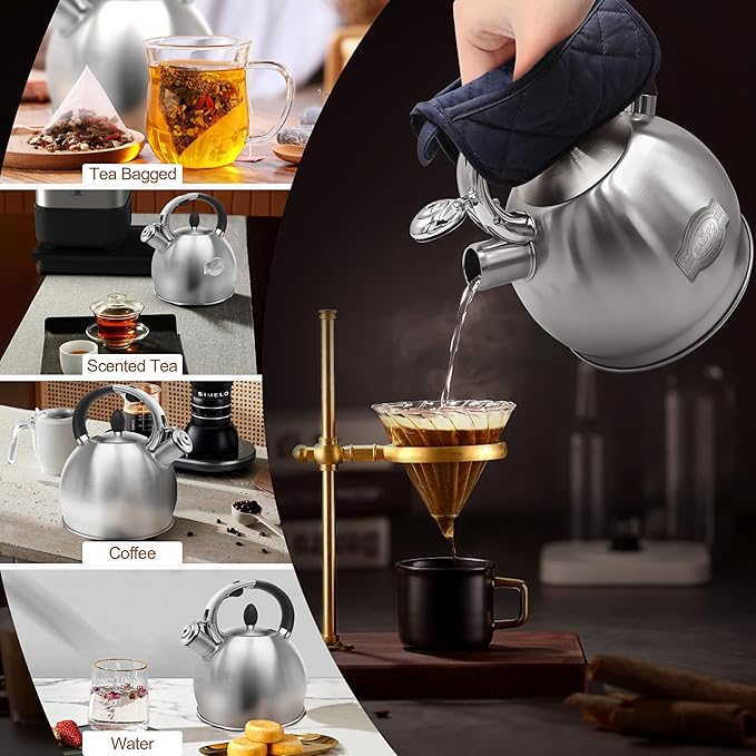 Stainless Steel Whistling stovetop Kettle,Whistling Tea Kettle,Vintage-StyleTeapot for Stove,Durable and Rust-Resistant,With a Pot Holder Included,2.64 Quart(Brushed Style)