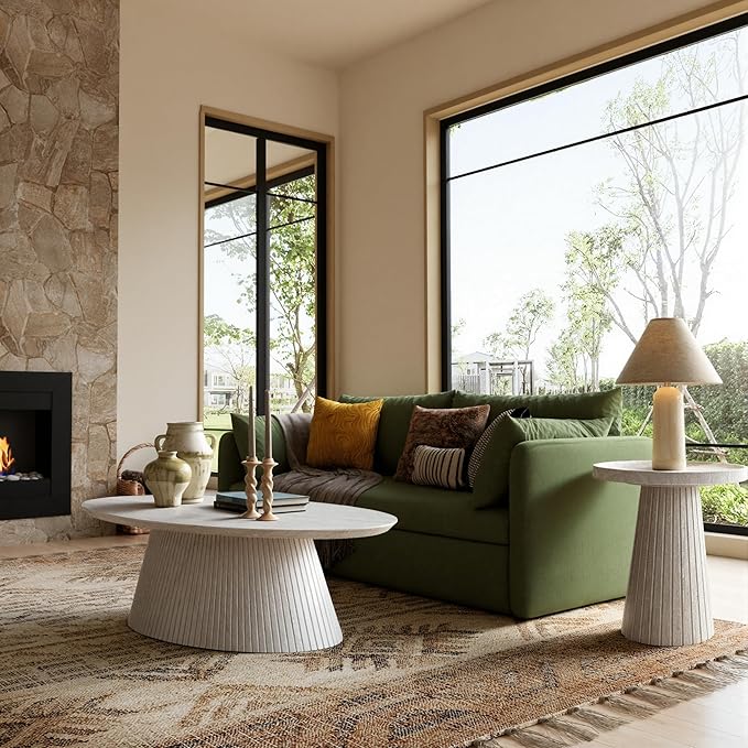 win2win Oval Coffee Table, Modern Faux Stone Coffee Table with Fluted Design, Travertine Tea Table with Tapered Base, Minimalist Center Table for Living Room, Apartment, Office, Stone