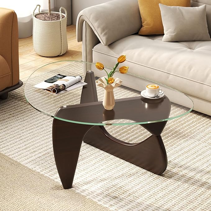 Giantex Triangle Glass Coffee Table, Solid Wood Tea Table with Tempered Glass Top & Adjustable Base, Small Accent Table for Small Spaces, Mid Century Modern Center Table for Living Room (Walnut)