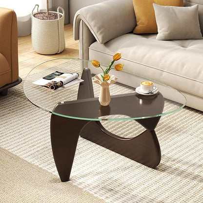 Giantex Triangle Glass Coffee Table, Solid Wood Tea Table with Tempered Glass Top & Adjustable Base, Small Accent Table for Small Spaces, Mid Century Modern Center Table for Living Room (Walnut)