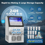 Load image into Gallery viewer, Commercial Ice Maker Machine 100Lbs/24H with 2 Water Inlet Modes, 36Pcs Ice Cubes in 8-15 Mins, Stainless Steel Under Counter/Freestanding Ice Machine with 24Lbs Storage Bin for Home/Shop/Office/Bar
