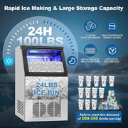 Commercial Ice Maker Machine 100Lbs/24H with 2 Water Inlet Modes, 36Pcs Ice Cubes in 8-15 Mins, Stainless Steel Under Counter/Freestanding Ice Machine with 24Lbs Storage Bin for Home/Shop/Office/Bar