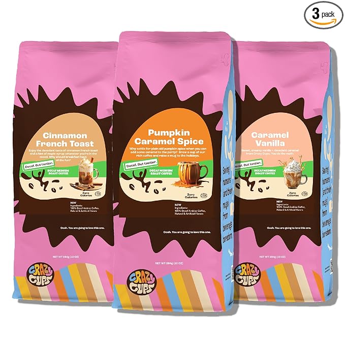 Crazy Cups Decaf Flavored Ground Coffee Variety Pack, Includes Cinnamon French Toast, Caramel Vanilla, Pumpkin Caramel Spice