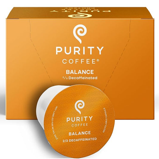 Purity Coffee BALANCE 2/3 Decaf Medium Roast Coffee Single-Serve K Pods (12ct Cups) - Specialty-Grade Mountain Water Processed Decaf + Regular Arabica Blend- USDA Certified Organic Decaffeinated - Third Party Tested for Mold, Mycotoxins, Pesticide Residue