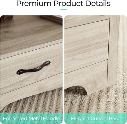 LINSY HOME Farmhouse Coffee Table with Storage, Wood Coffee Table for Living Room, Open Display Area and Storage Drawers with Metal Handles, Chic Style with Curved Base. Oak and Brown