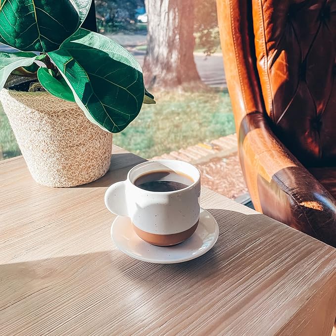 Mora Ceramic Mini Espresso Cups Set of 4, 3oz - Tiny Italian Inspired Mugs With Saucers For Small Shots of Coffee - Modern Boho Style For Any Kitchen or Cafe. Microwave Safe Porcelain - Vanilla White