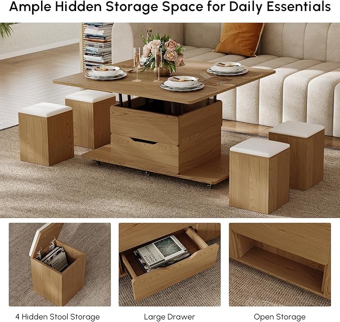 homary Natural Lift Top Coffee Table with Hidden Storage, 3 in 1 Multi-Function Modern Folding Center Table with 4 Stools and Casters