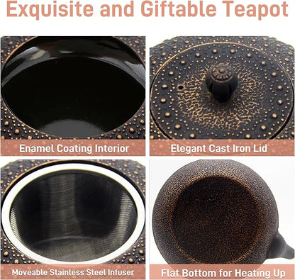 60.9oz Large Cast Iron Teapot for Stovetop Safe, 6 Cup Tea Kettle, Japanese Style Cast Iron Teapot with Stainless Steel Infuser for Loose Tea, Suitable for All Heat Sources(1.7QT/1.8L)