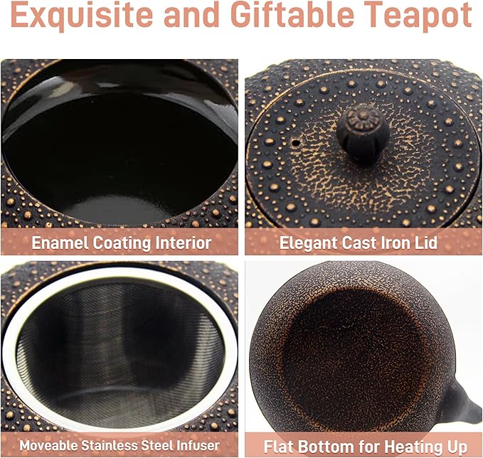 60.9oz Large Cast Iron Teapot for Stovetop Safe, 6 Cup Tea Kettle, Japanese Style Cast Iron Teapot with Stainless Steel Infuser for Loose Tea, Suitable for All Heat Sources(1.7QT/1.8L)