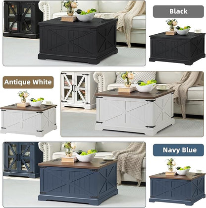 Farmhouse Coffee Table with Large Hidden Storage Compartment, Antique White Square Center Table, Wood Rustic Low Modern Living Room Tables with Hinged Lift Brown Top & Wooden Arc Base