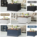 Load image into Gallery viewer, Farmhouse Coffee Table with Large Hidden Storage Compartment, Rustic Black Square Center Table, Wood Low Farm House Modern Living Room Tables with Hinged Lift Top &amp; Wooden Arc Base