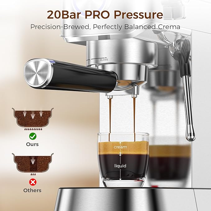 Kndko Espresso Machine, 20 Bar Espresso Maker with Milk Frother Steam Wand, Compact Stainless Steel Professional Coffee Machine with 40.5oz Removable Water Tank for Cappuccino, Latte