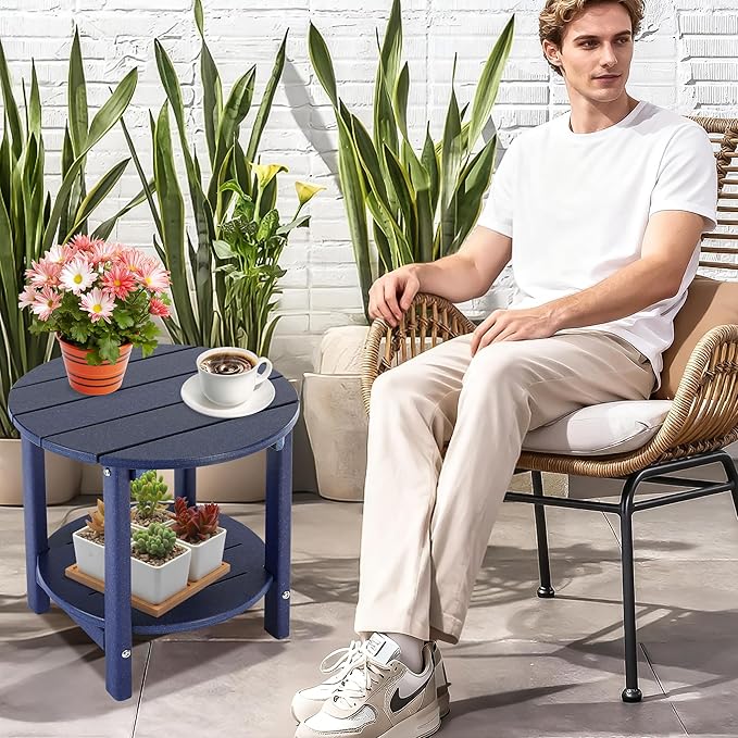 LZRS Round Adirondack Side Table Double End Table, Outdoor Side Tables for Patio, Backyard,Pool, Indoor Companion, Easy Maintenance & Weather Resistant(Navy Blue)