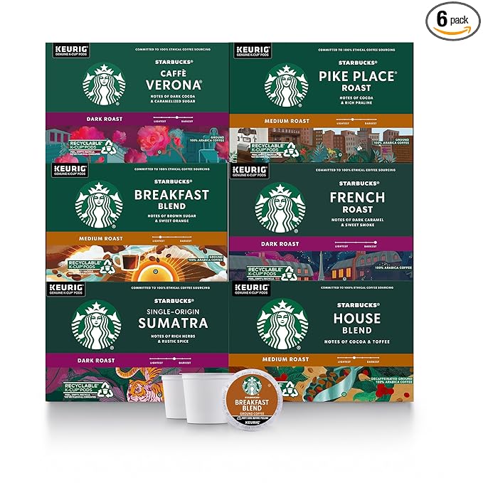 Starbucks K-Cup Coffee Pods, Medium And Dark Roast Coffee Variety Pack for Keurig Brewers, 100% Arabica, 6 Boxes (60 Pods Total)