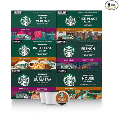 Starbucks K-Cup Coffee Pods, Medium And Dark Roast Coffee Variety Pack for Keurig Brewers, 100% Arabica, 6 Boxes (60 Pods Total)