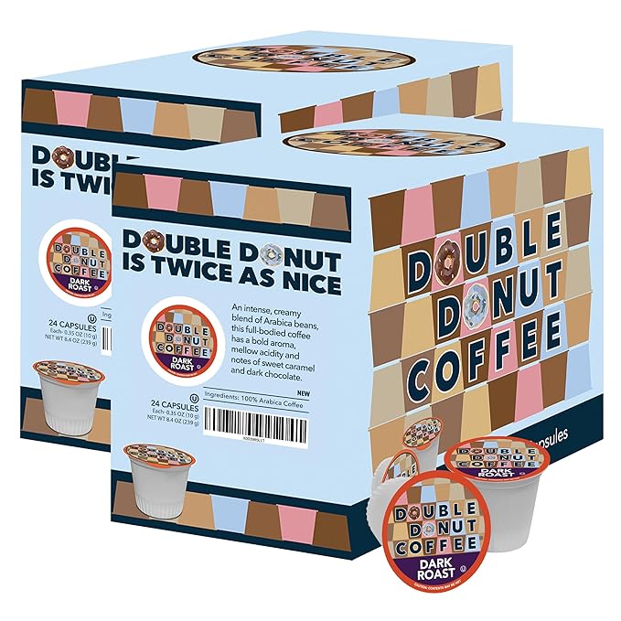Double Donut Coffee Dark Roast Coffee Pods, Extra Bold Blend Coffee, Single Serve Coffee For Keurig K Cups Machines, Dark Roast Coffee in Recyclable Pods, 48 Count