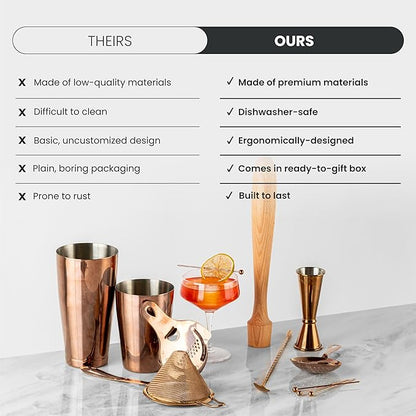 A Bar Above 14-Piece Antique Copper Bartender Kit, Premium Stainless Steel Barware Gift Set for Home Bar, Includes Shaker, Jigger, Strainers, Spoon, Picks, Professional Mixology Tools