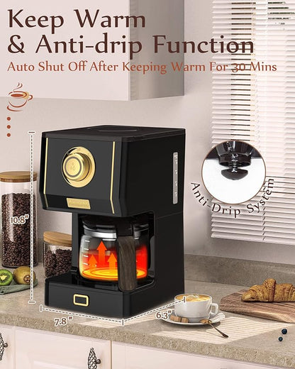 Amaste Coffee Maker, 25 Oz Drip Retro Style Coffee Machine with Glass Coffee Pot with Reusable Coffee Filter & Three Brewing Modes, 30minute-Warm-Keeping, CM 1003AE-Black