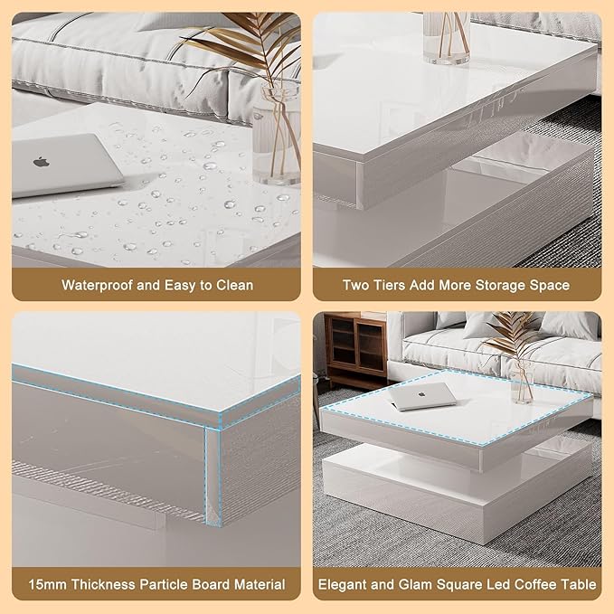 LED Coffee Table for Living Room, Living Room Table 2-Tier Square Center Table, Modern High Glossy Wood Coffee Tables with Storage, 15.7" Tall Tables for Dining Reception, White