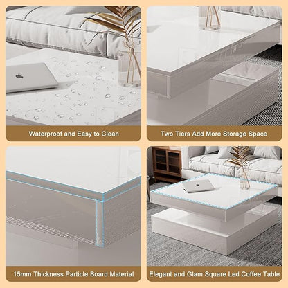 LED Coffee Table for Living Room, Living Room Table 2-Tier Square Center Table, Modern High Glossy Wood Coffee Tables with Storage, 15.7" Tall Tables for Dining Reception, White
