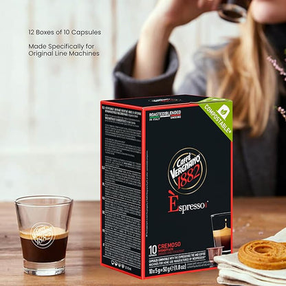 Caffe' Vergnano Medium Roast Espresso Original Line Machine Compatible Capsules - Arabica Robusta Espresso Coffee, Italian Coffee Espresso For Nespresso Coffee Machine, Intensity 6/10 - Cremoso,120 Ct