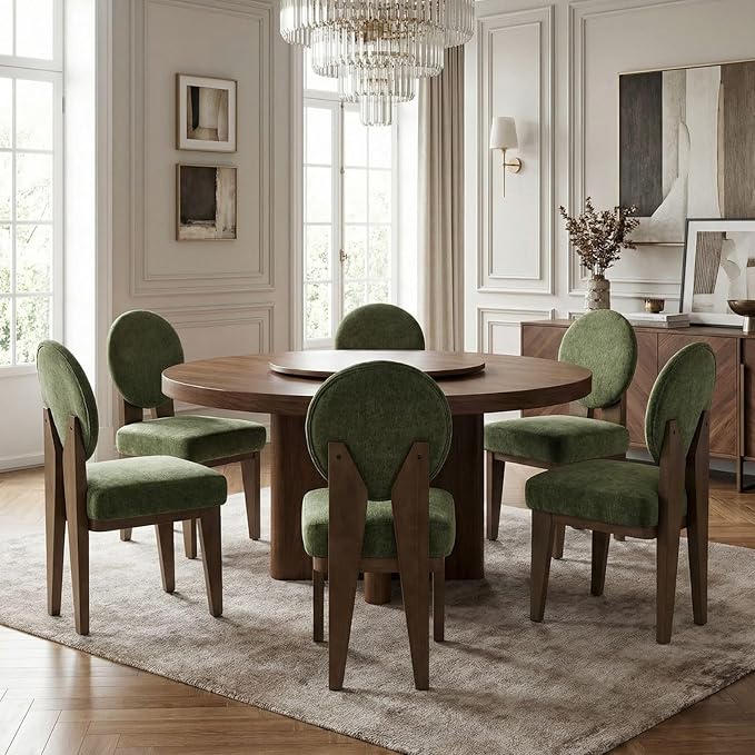 Mid-Century Modern Walnut Dining Chairs Set of 6, Vintage Green Wooden Kitchen Chairs, Retro Upholstered Velvet Cushioned Seat with Curved Backrest, Armless Accent Side Chair for Bedroom