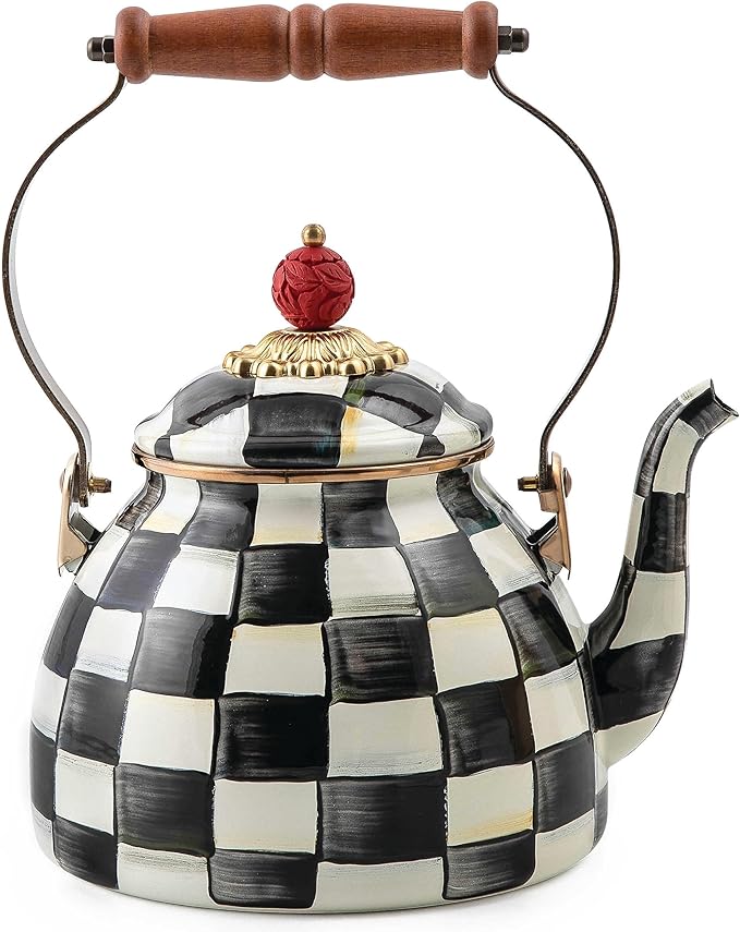 MACKENZIE-CHILDS Enamel Tea Kettle, Stylish Tea Kettle for Stovetop, Black-and-White Courtly Check, 2 Quarts