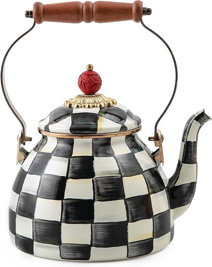 MACKENZIE-CHILDS Enamel Tea Kettle, Stylish Tea Kettle for Stovetop, Black-and-White Courtly Check, 2 Quarts