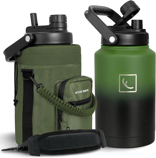 NATURE PIONEOR One Gallon Water Bottle Insulated - Large Double Vacuum Stainless Steel 128 oz Water Bottle with Holder/Carrier, 1 Gallon Water Jug 2 in 1 LID, Flip Straw and Spout, Wide Mouth