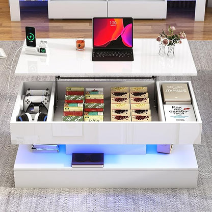39.4" Large Lift Top Coffee Table,Modern High Glossy LED Coffee Tables for Living Room with Storage,Black Living Room Tables for Living Rooms,Dining Room,Bedroom Home Office,APP LED Lights（White）