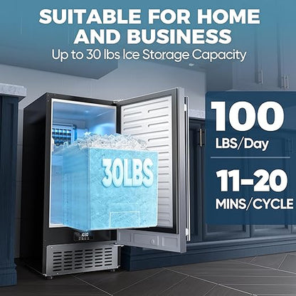 Coolski Commercial Under Counter Ice Maker Machine, Stainless Steel Built-in Freestanding Ice Maker with Condensate Removal Pump, Water Filter, for Home & Commercial Use, 100 LBS/Day