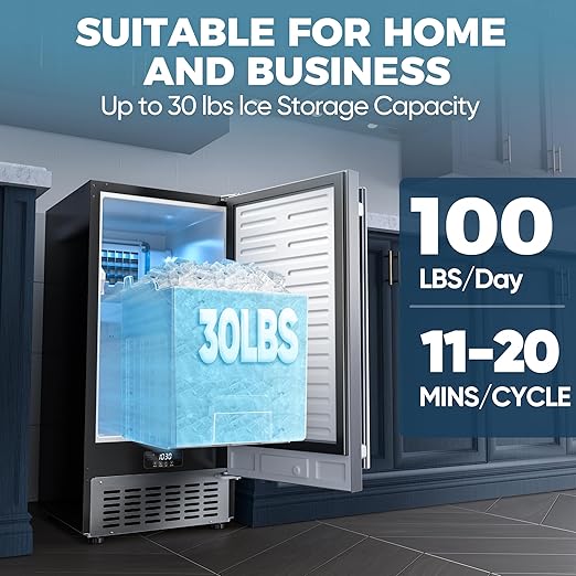 Coolski Commercial Under Counter Ice Maker Machine, Stainless Steel Built-in Freestanding Ice Maker with Condensate Removal Pump, Water Filter, for Home & Commercial Use, 100 LBS/Day