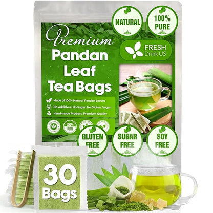 FreshDrinkUS, Premium 30 Pandan Leaf Tea Bags, 100% Natural & Pure from Pandan Leaves. Loose Leaf Pandan Herbal Tea. Made with Natural Material Tea Bags. No Sugar, No Caffeine, No Gluten, Vegan. (30 Tea bags)
