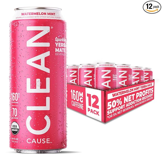 CLEAN Cause Low Calorie Watermelon Mint Sparkling Yerba Mate Tea, 160mg Caffeine, Organic, Low Sugar, Healthy Alternative to Energy Drinks (16oz cans, 12-Pack Case)