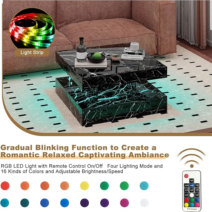 Black Marble LED Coffee Table for Living Room, Living Room Table 2-Tier Square Middle Center Table, Modern Coffee Tables with Storage, Contemporary Wood Tea Tables for Dining Reception