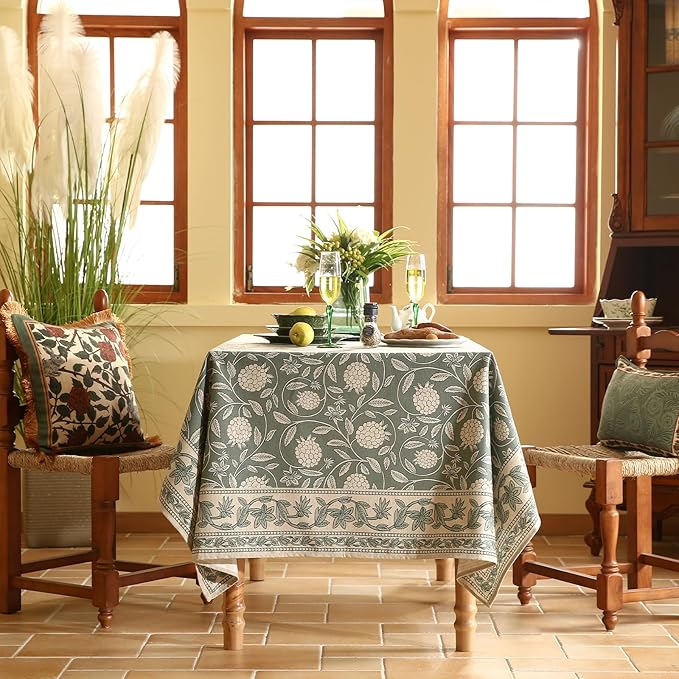 Designer Grayish Green Linen Table Cloth Rectangular,Floral Elegant Stain Resistant Tablecloth,Fall Vintage Decor Tablecloths for Dining Thanksgiving Kitchen Party,55"*87"-Andrew A