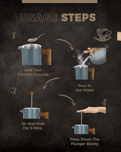 POLIVIAR French Press Coffee Maker, 34 oz Coffee Press with Real Wood Handle, Double Wall Insulation & Dual-Filter Screen, Food Grade Stainless Steel for Good Coffee and Tea (Alpline)