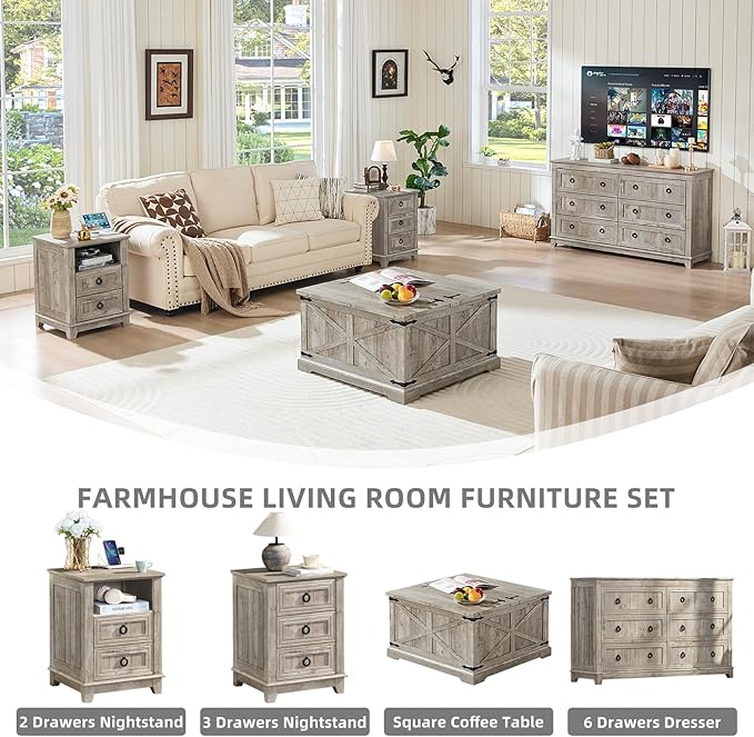 Farmhouse Coffee Table with Large Hidden Storage Compartment, Light Oak Square Center Table, Wood Rustic Low Modern Living Room Tables with Hinged Lift Brown Top & Wooden Arc Base