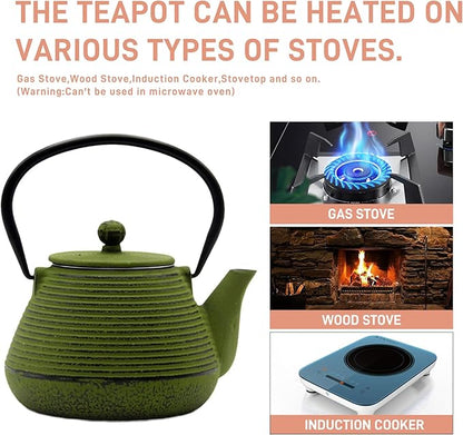 20.3oz Small Cast Iron Teapot, SECHUDO Cast Iron Tea Kettle for Stovetop Safe Coated with Enameled Interior, Iron Tea Pot with Stainless Steel Infuser for Loose Tea (Green Pinstripe Pattern)