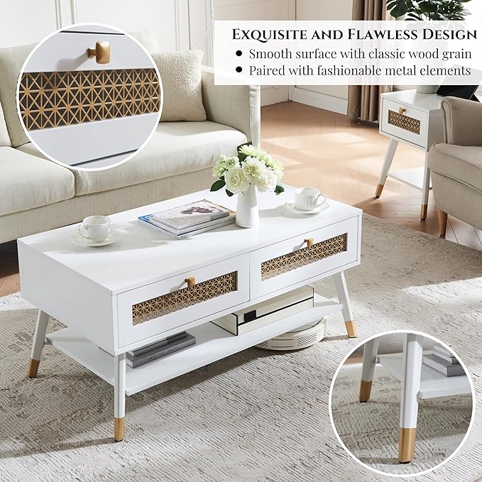 White Coffee Table with Storage Drawers & Open Shelf, Mid Century & Boho Living Room Table with Gold Metal Designed for Home