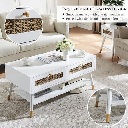 White Coffee Table with Storage Drawers & Open Shelf, Mid Century & Boho Living Room Table with Gold Metal Designed for Home