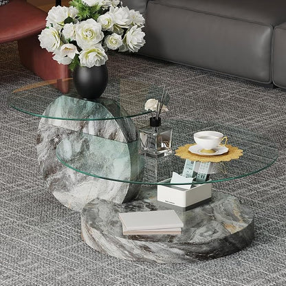 42 Inch Glass Coffee Table，Round Coffee Table with 2-Tier Tempered Glass Tabletop，Easy to Clean Circle Coffee Table with Sturdy Base for Living Room，Office (Light Gray Marble Colored Base