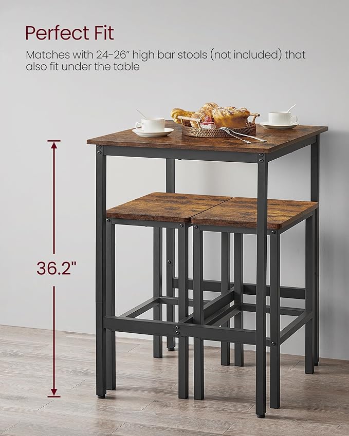 VASAGLE Bar Table, Small Kitchen Dining Table, High Top Pub Table, Bar Height Cocktail Table for Living Room Party, Sturdy Metal, 23.6 x 23.6 x 35.4 Inches for Narrow Spaces, Rustic Brown and Black