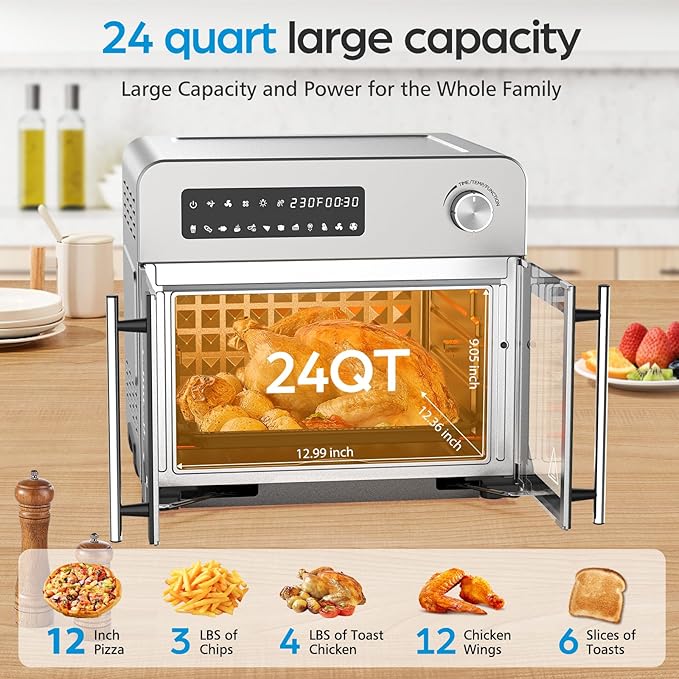 OSTBA French Door Air Fryer Toaster Oven Combo, Airfryer Convection Oven Countertop 10-in-1 Combo, 30% Faster 90% Less Oil, 102 Recipes & 7 Accessories Included 24 QT Stainless Steel
