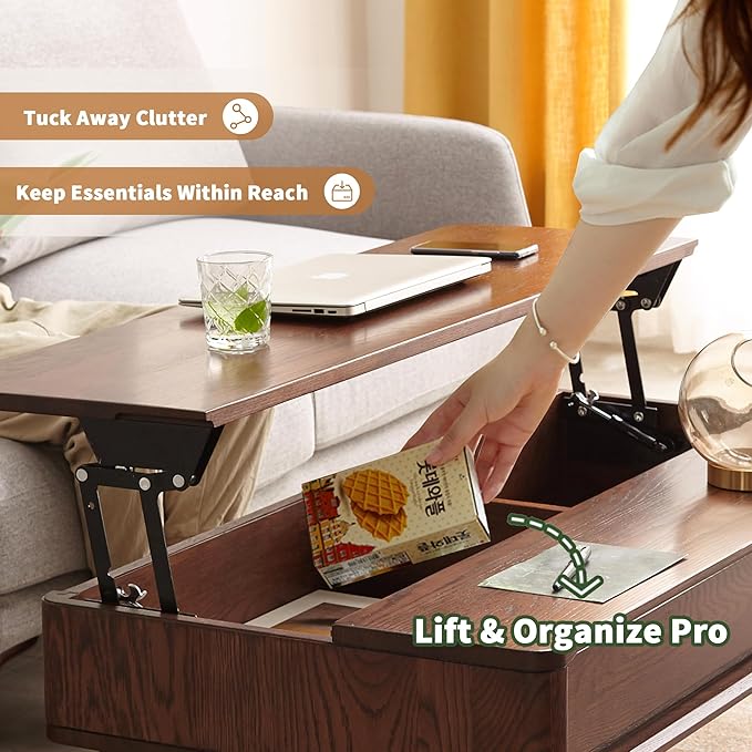 Wood Lift Top Coffee Table, 100% Solid Oak Wood Small Rising Dining Center Tables with Storage Shelf and Hidden Compartment for Living Room 40D x 22W x 26H