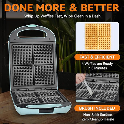 Baker’s Friend Belgian Waffle Maker, Square Waffle Iron, Waflera Electrica, Non Stick Cooking Plate, Classic & Multi Waffle Makers, 4-Slice, Aqua