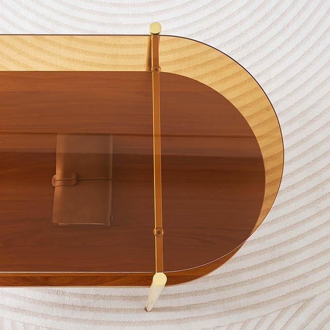 Oval Glass Coffee Table, Mid-Century Modern Design, L41 x W21 x H17 inch, for Living Room, 2-Tier Structure, Amber Glass Top and Walnut Finish Wood Shelf, Conical Legs with Gold Finish Frame