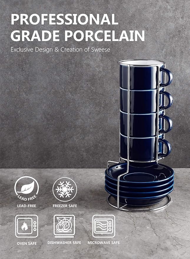 Sweese 8 Ounce Porcelain Stackable Cappuccino Cups with Saucers and Metal Stand - for Specialty Coffee Drinks, Cappuccino, Latte, Americano and Tea - Set of 4, Navy