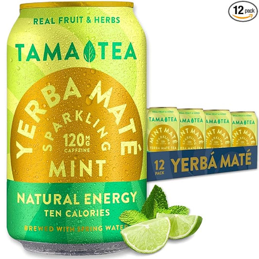 Sparkling Mint Yerba Mate by Tama Tea - Unsweetened Natural Energy Drink with Real Fruit & Herbs - Healthy Caffeine Drink Alternative - 120mg of Brain-Boosting Caffeine, 10 Calories - 12oz Pack of 12