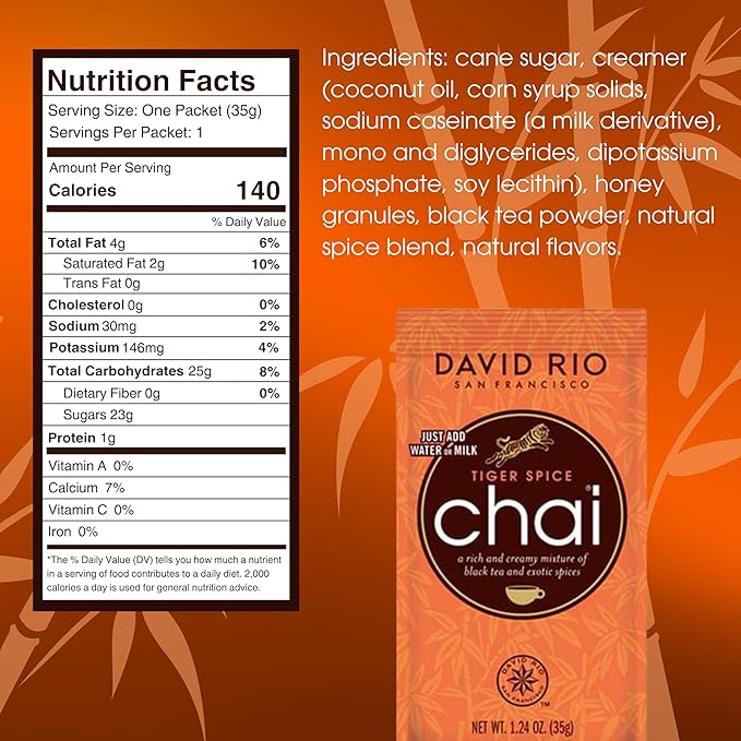 Tiger Spice Chai Tea Latte Mix, 1.24 Oz (Pack of 48), Single Serve Packets, Black Tea, Organic Spices, Dairy Free, Serve Hot or Cold, Just Add Water or Milk